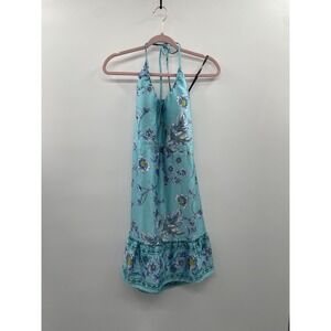 NWT Siena Ruffled-Hem Dress Women's 10 Blue Floral-Print Halter-Neck Classic